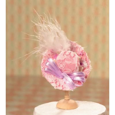 Pink Hat with Lace & Feather Trim                           